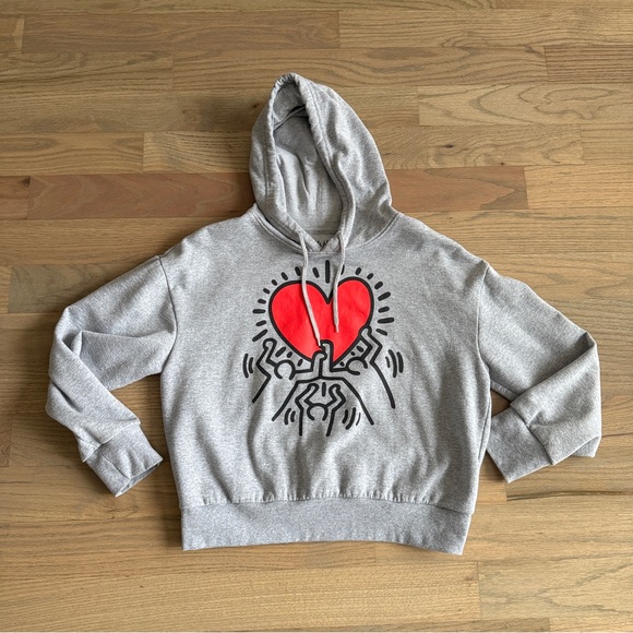 Keith Haring Gray Love Heart Hoodie Sweatshirt - S - Picture 3 of 5